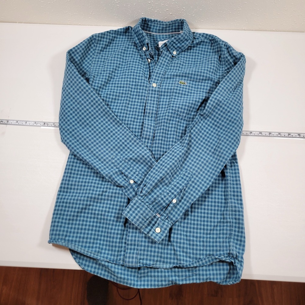 Lacoste Button Down Shirt Mens Small Blue Excellent Gingham Check Regular Fit - Picture 3 of 10